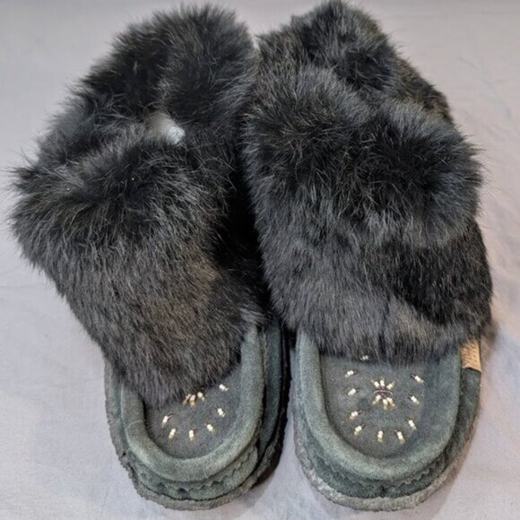 Women's Tsar 8" Black Rabbit Fur Moccasin Boots - Picture 1 of 9